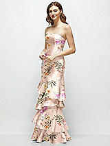 Front View Thumbnail - Butterfly Botanica Pink Sand Floral Strapless Bodycon Maxi Dress with Tiered Ruffle Skirt