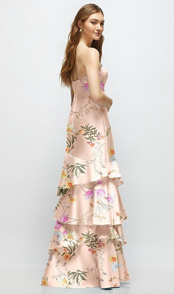 Back View - Butterfly Botanica Pink Sand Floral Strapless Bodycon Maxi Dress with Tiered Ruffle Skirt