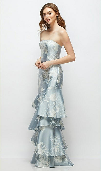 The Dessy Group Women's Floral Ruffle Strapless Tiered Satin Twill Gown - Blue