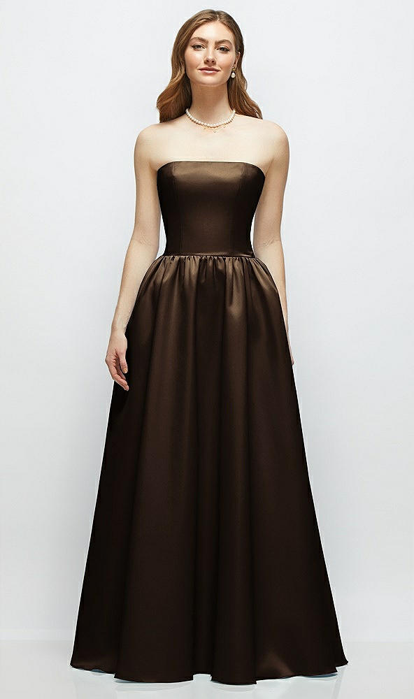 Front View - Espresso Strapless Satin Drop Waist Gown with Full Skirt