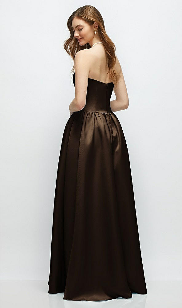 Back View - Espresso Strapless Satin Drop Waist Gown with Full Skirt