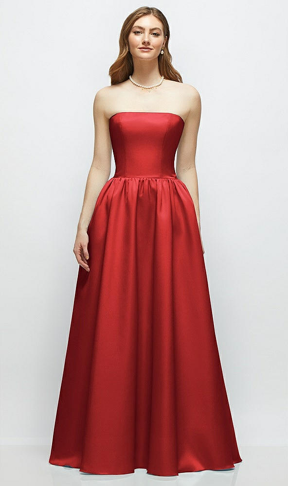 Front View - Poppy Red Strapless Satin Drop Waist Gown with Full Skirt