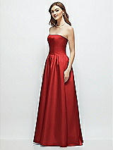 Side View Thumbnail - Poppy Red Strapless Satin Drop Waist Gown with Full Skirt