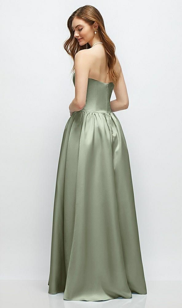 Back View - Sage Strapless Satin Drop Waist Gown with Full Skirt