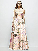 Front View Thumbnail - Butterfly Botanica Pink Sand Floral Strapless Satin Drop Waist Gown with Full Skirt