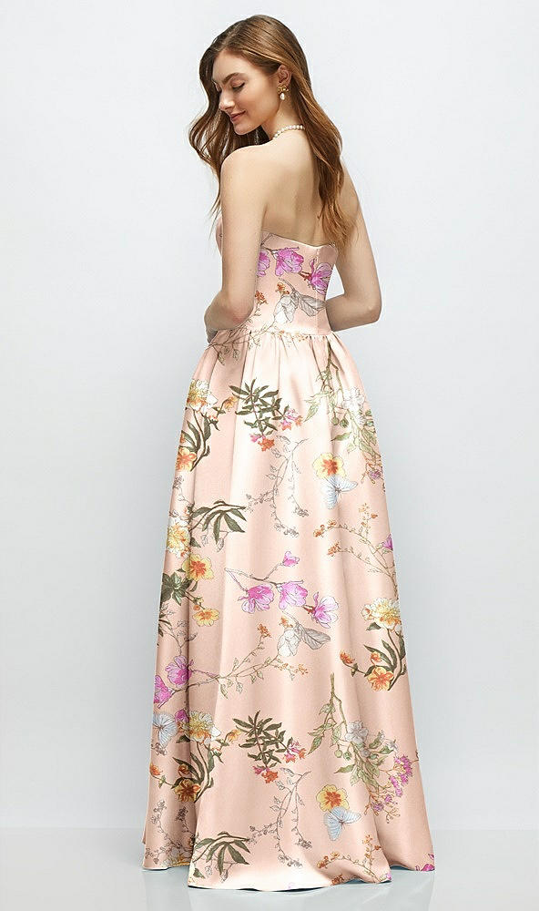 Back View - Butterfly Botanica Pink Sand Floral Strapless Satin Drop Waist Gown with Full Skirt