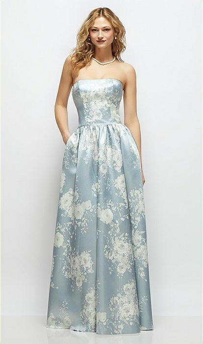 Floral Strapless Satin Drop Waist Bridesmaid Dress With Full Skirt In  Porcelain Blue Seraphina Floral | The Dessy Group
