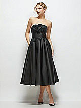 Front View Thumbnail - Black Strapless Satin Midi Dress with Handmade Flower & Horsehair Hem