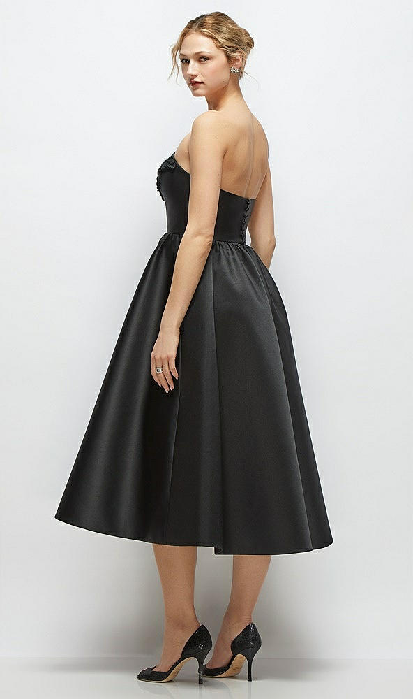 Back View - Black Strapless Satin Midi Dress with Handmade Flower & Horsehair Hem