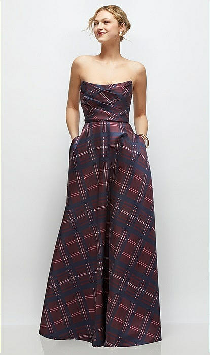 Strapless Draped Tartan Cat-eye Satin Maxi Bridesmaid Dress With Full Skirt  In Cabernet Midnight Tartan | The Dessy Group