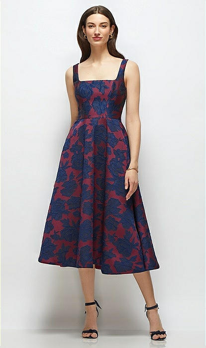 Square Neck Heritage Floral Jacquard Midi Bridesmaid Dress In Burgundy  Midnight Floral | The Dessy Group