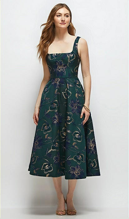 Square Neck Oscar Metallic Floral Jacquard Midi Bridesmaid Dress Square Neck Oscar Metallic Floral Jacquard Midi Bridesmaid Dress