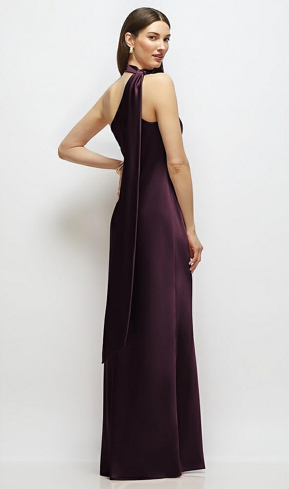 Back View - Deep Plum Draped Scarf One-Shoulder Bias Stretch Satin Maxi Dress