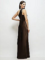 Rear View Thumbnail - Espresso Draped Scarf One-Shoulder Bias Stretch Satin Maxi Dress