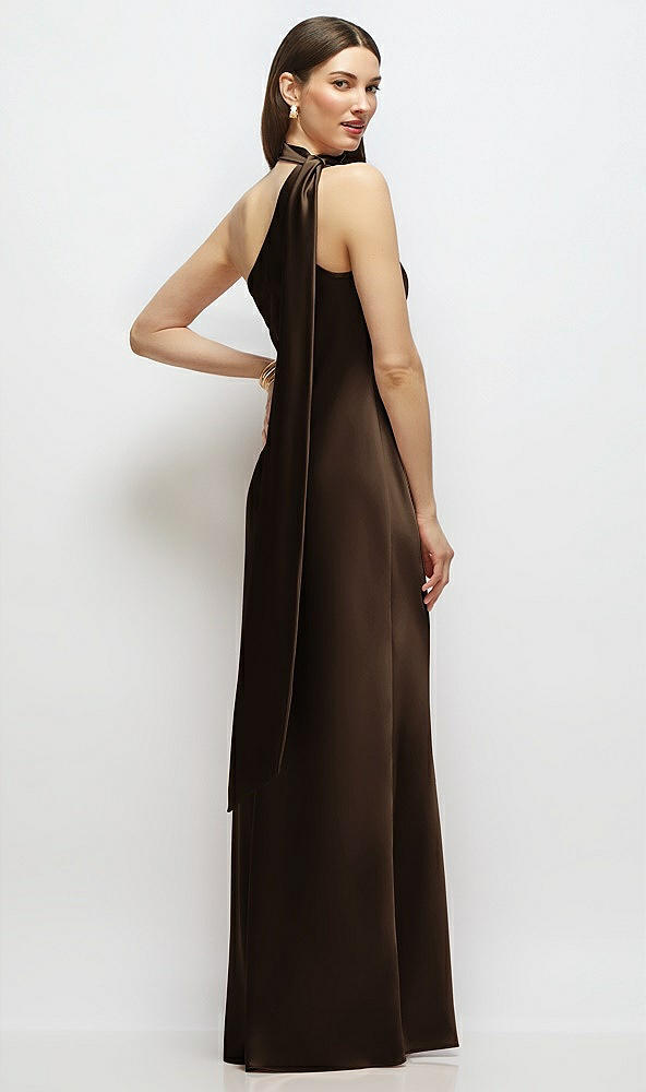 Back View - Espresso Draped Scarf One-Shoulder Bias Stretch Satin Maxi Dress