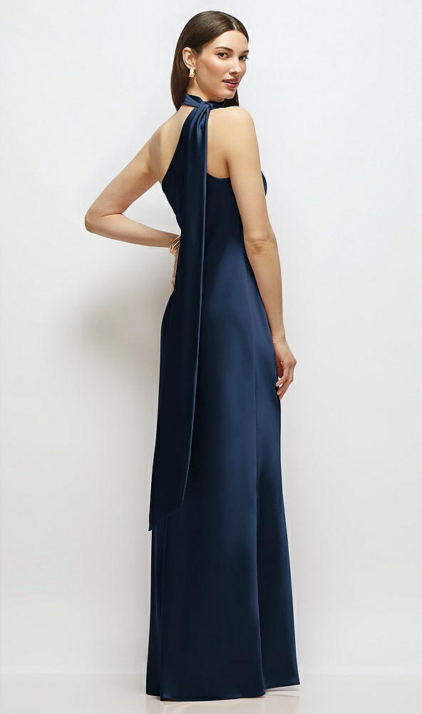 Back View - Midnight Navy Draped Scarf One-Shoulder Bias Stretch Satin Maxi Dress