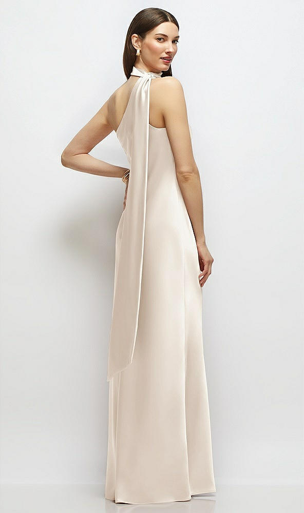 Back View - Oat Draped Scarf One-Shoulder Bias Stretch Satin Maxi Dress