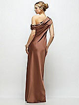 Rear View Thumbnail - Cognac Draped One-Shoulder Bias Stretch Satin Maxi Dress