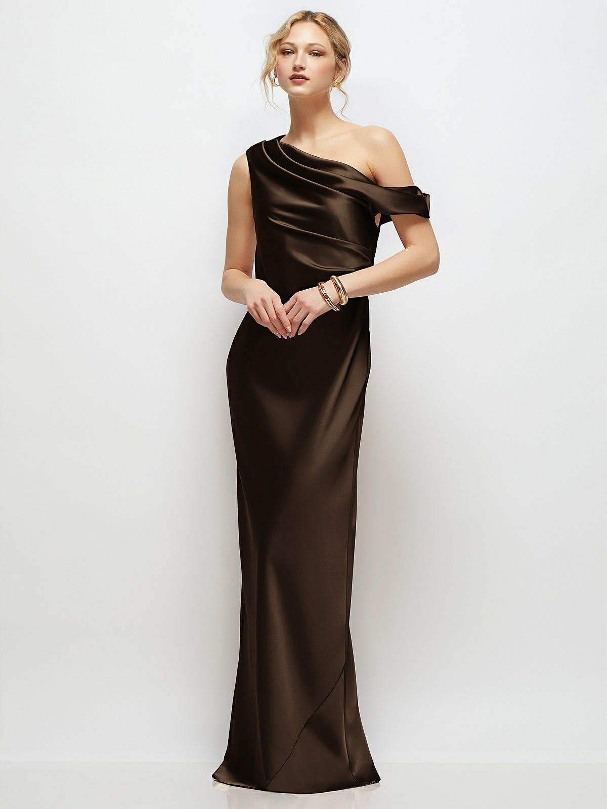 Draped One-shoulder Bias Stretch Satin Maxi Bridesmaid Dress In