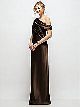 Side View Thumbnail - Espresso Draped One-Shoulder Bias Stretch Satin Maxi Dress