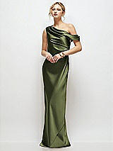 Front View Thumbnail - Olive Green Draped One-Shoulder Bias Stretch Satin Maxi Dress