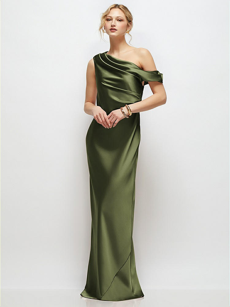 Draped Scarf One-shoulder Bias Stretch Satin Maxi Bridesmaid Dress