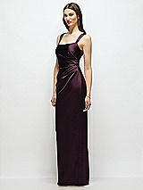 Side View Thumbnail - Deep Plum Scoop Neck Draped Column Stretch Satin Maxi Dress