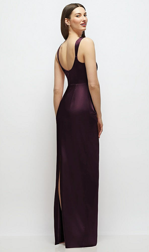 Back View - Deep Plum Scoop Neck Draped Column Stretch Satin Maxi Dress