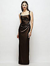 Front View Thumbnail - Espresso Scoop Neck Draped Column Stretch Satin Maxi Dress