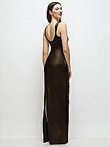 Rear View Thumbnail - Espresso Scoop Neck Draped Column Stretch Satin Maxi Dress