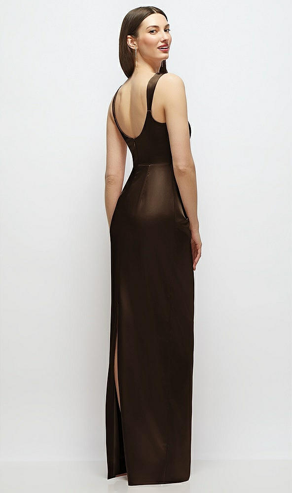 Back View - Espresso Scoop Neck Draped Column Stretch Satin Maxi Dress