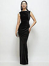 Front View Thumbnail - Black High-Neck Cap Shoulder Pleated Bodice Velvet Column Maxi Dress