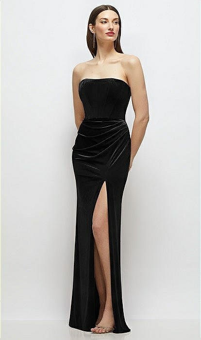 knee length dresses for ladies Strapless Black Velvet Corset Maxi Dress with High Slit and Crystal Ac –  RAISA VANESSA INT main image 1