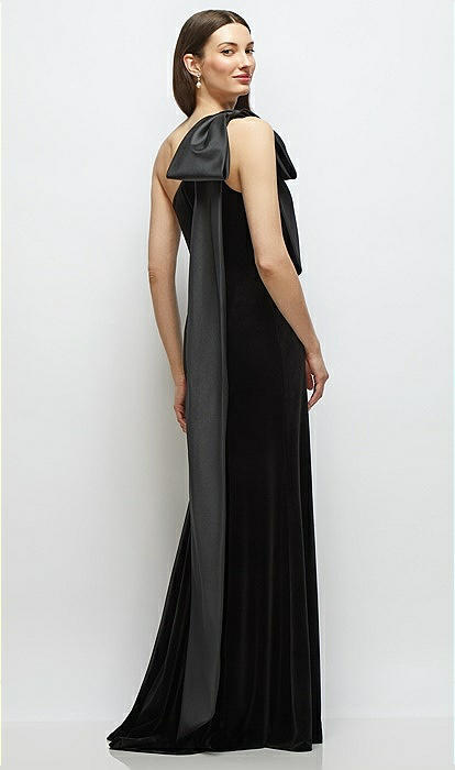 One-shoulder Black Velvet Maxi Bridesmaid Dress With Large Trailing Satin Bow In Black | The Dessy Group One-shoulder Black Velvet Maxi Bridesmaid Dress With Large Trailing Satin Bow In Black | The Dessy Group