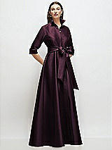 Front View Thumbnail - Deep Plum 3/4 Sleeve Satin Shirt Dress Gown with Sash and Jeweled Buttons