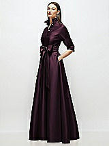 Side View Thumbnail - Deep Plum 3/4 Sleeve Satin Shirt Dress Gown with Sash and Jeweled Buttons