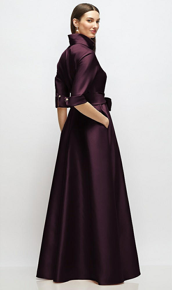 Back View - Deep Plum 3/4 Sleeve Satin Shirt Dress Gown with Sash and Jeweled Buttons