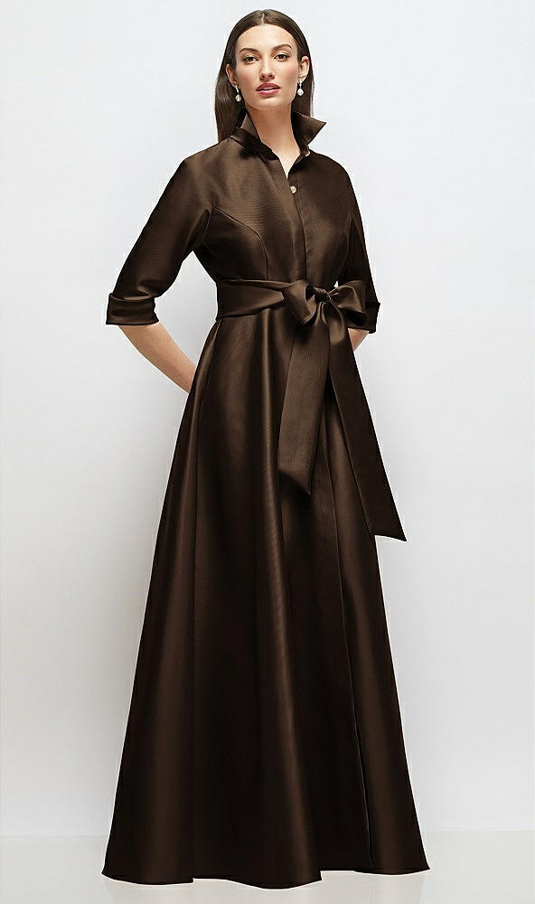 Front View - Espresso 3/4 Sleeve Satin Shirt Dress Gown with Sash and Jeweled Buttons