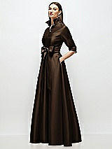 Side View Thumbnail - Espresso 3/4 Sleeve Satin Shirt Dress Gown with Sash and Jeweled Buttons