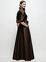 Rear View Thumbnail - Espresso 3/4 Sleeve Satin Shirt Dress Gown with Sash and Jeweled Buttons