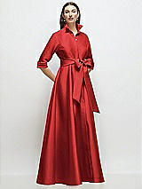 Front View Thumbnail - Poppy Red 3/4 Sleeve Satin Shirt Dress Gown with Sash and Jeweled Buttons