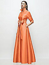 Side View Thumbnail - Portofino Orange 3/4 Sleeve Satin Shirt Dress Gown with Sash and Jeweled Buttons