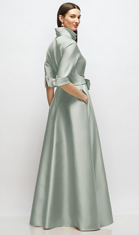 Back View - Willow Green 3/4 Sleeve Satin Shirt Dress Gown with Sash and Jeweled Buttons