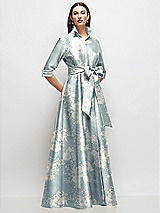 Front View Thumbnail - Porcelain Blue Seraphina Floral 3/4 Sleeve Floral Satin Shirt Dress Gown with Sash and Jeweled Buttons