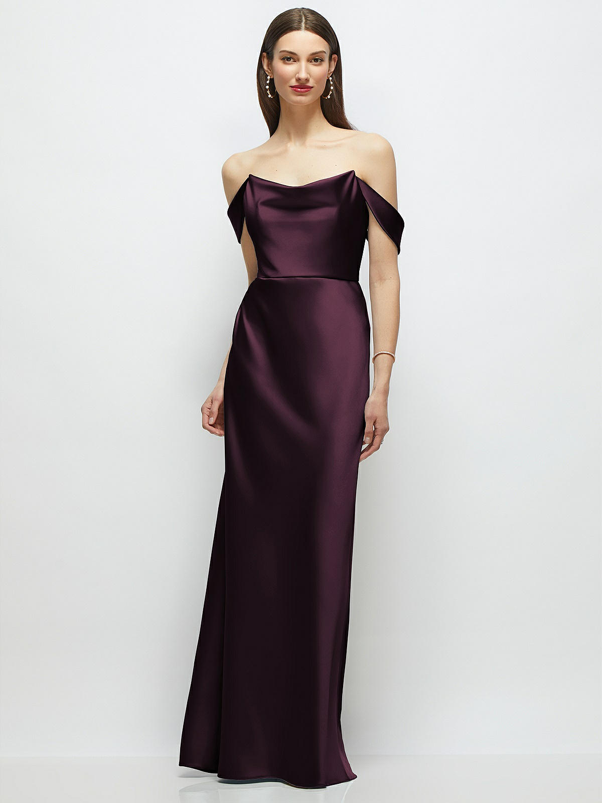 Stretch Basque Basque-neck A-line Stretch Satin Maxi Bridesmaid Dress With Off-the ...
