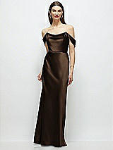Front View Thumbnail - Espresso Basque-Neck A-Line Stretch Satin Maxi Dress with Off-the-Shoulder Drape