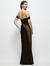 Rear View Thumbnail - Espresso Basque-Neck A-Line Stretch Satin Maxi Dress with Off-the-Shoulder Drape
