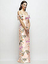 Side View Thumbnail - Butterfly Botanica Pink Sand Basque-Neck Floral Satin Column Maxi Dress with Off-the-Shoulder Bows
