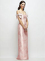 Side View Thumbnail - Bow And Blossom Print Basque-Neck Floral Satin Column Maxi Dress with Off-the-Shoulder Bows