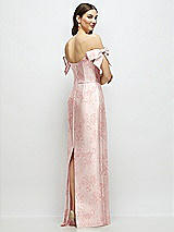 Rear View Thumbnail - Bow And Blossom Print Basque-Neck Floral Satin Column Maxi Dress with Off-the-Shoulder Bows